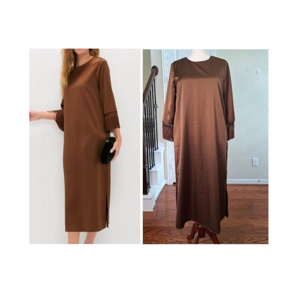 NEW Tuckernuck Jamie Tassel Kaftan Dress L Brown Satin Hollywood Old Money Party